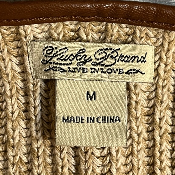NWOT Lucky Brand Open Faux Leather Edged Sweater, Browns |M - Picture 13 of 15
